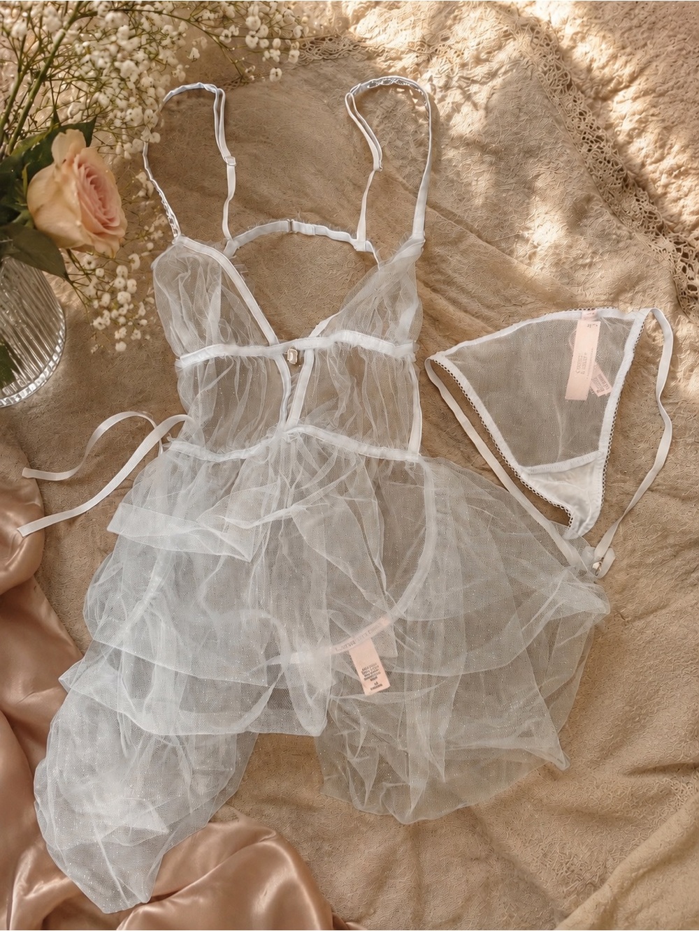 Victoria’s Secret  Light Blue Glitter Tulle Babydoll Set